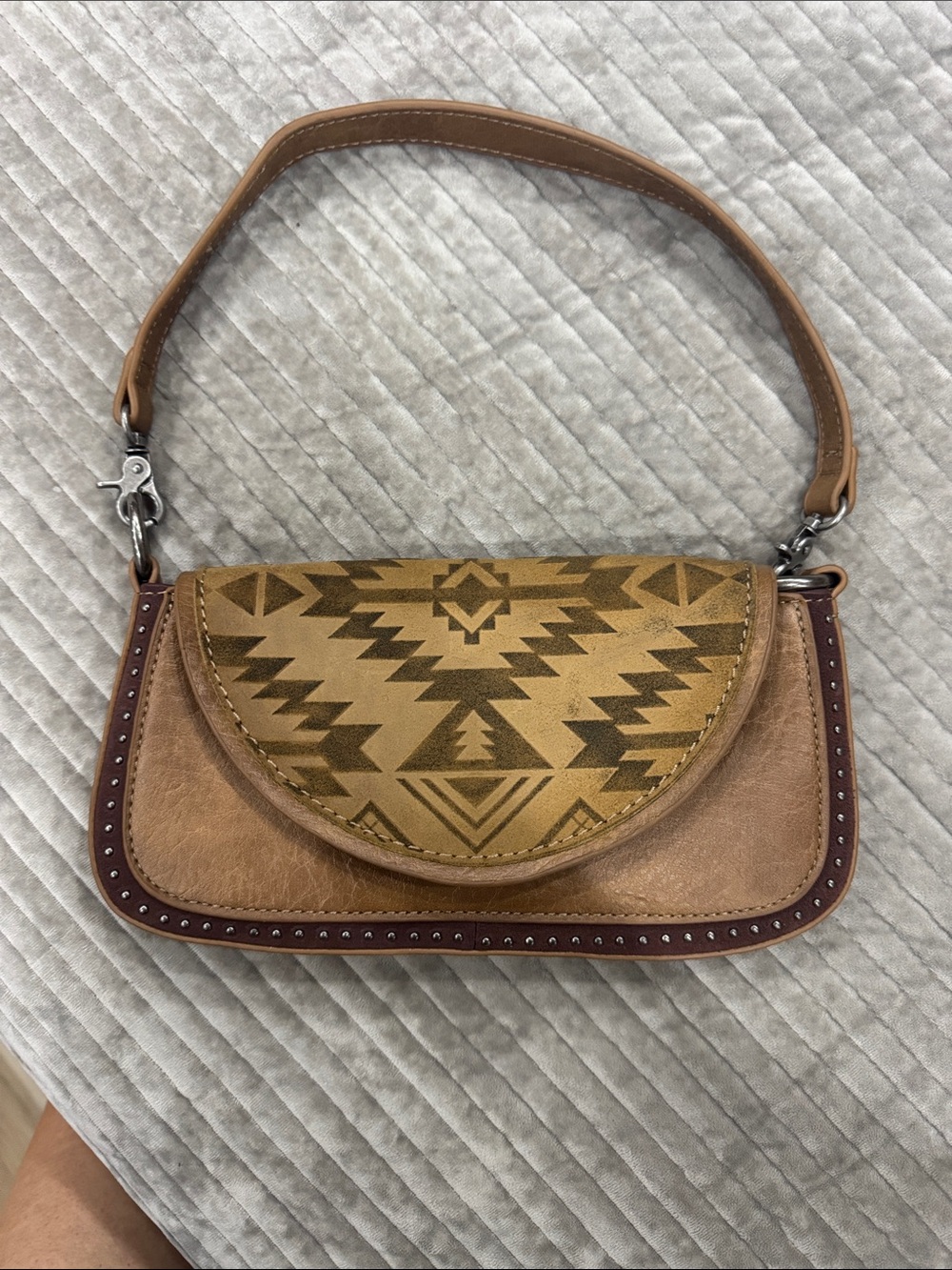 Tan Aztec-Print Leather Shoulder Bag